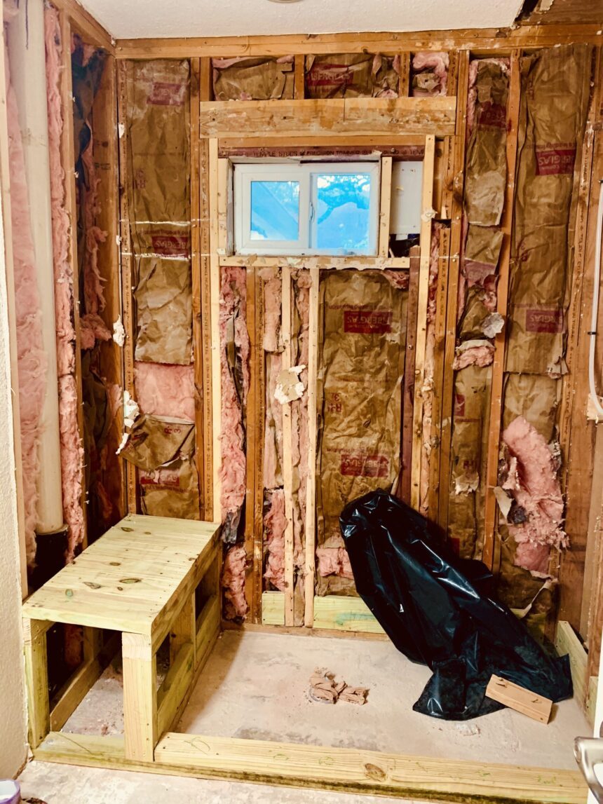 Oak Crest — backer board seams prepared for waterproofing