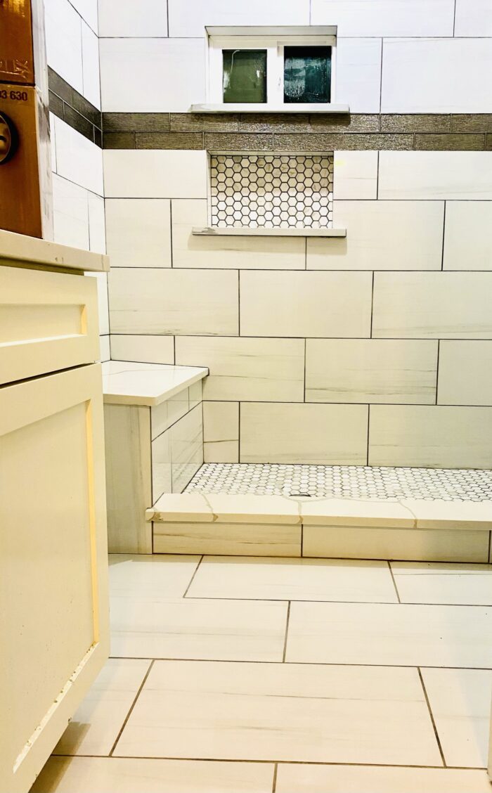 Oak Crest — completed shower bench and tile detail